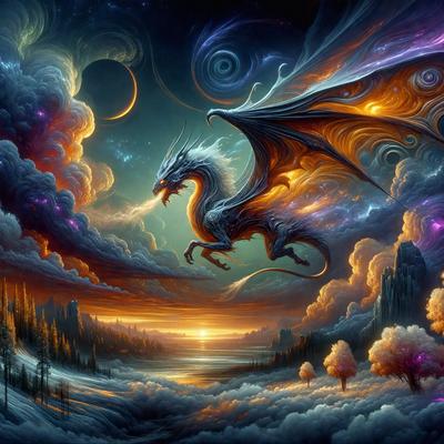 Primary subject: A dragon flying through the sky.

Setting/background: The sky is filled with clouds, and there is a sunset in the background.

Visual style: The image is a digital art or illustration.

Colors and mood: The colors are predominantly orange and purple, creating a warm and magical atmosphere.